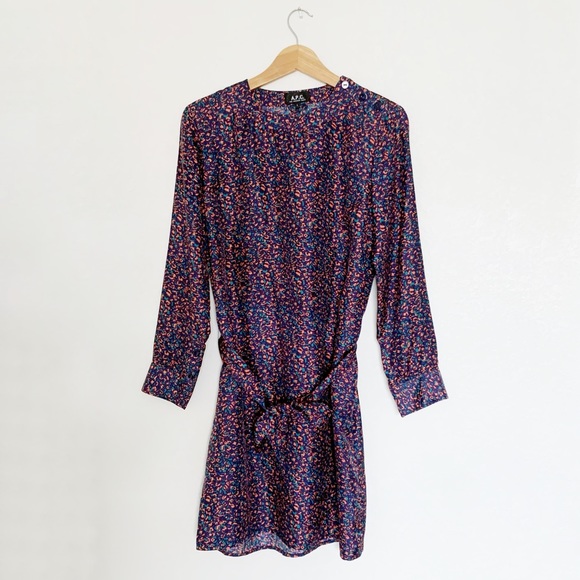 A.P.C. Rue Madame Paris Printed Silk Long Sleeve Shift Dress Size Large - Picture 1 of 6